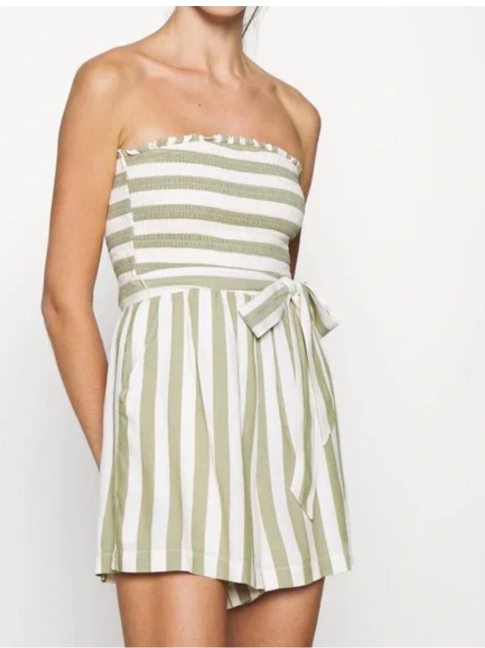 American Eagle Outfitters Olive & Cream Strapless Tie-Waist Romper NWT - Picture 2 of 5